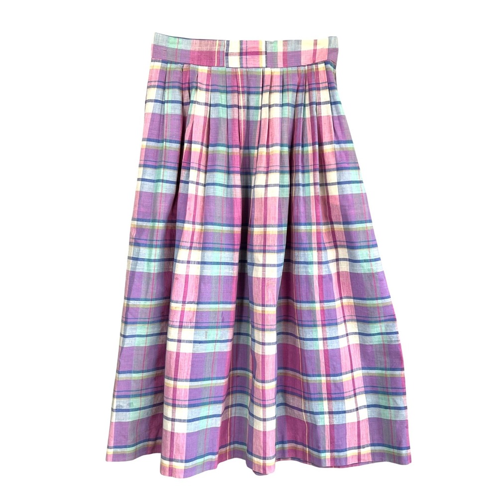 Vintage Ralph Lauren Madras Plaid Pleated Midi Skirt Purple Pink Cotton Sz 6
